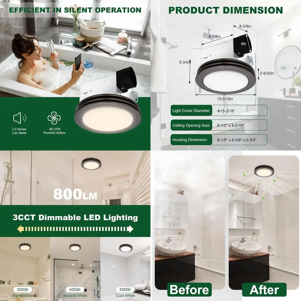 

80cm Round Dimmable 3CCT LED Bathroom Exhaust Fan with Light, Acrylic Cover, Oil Rubbed Bronze Finish