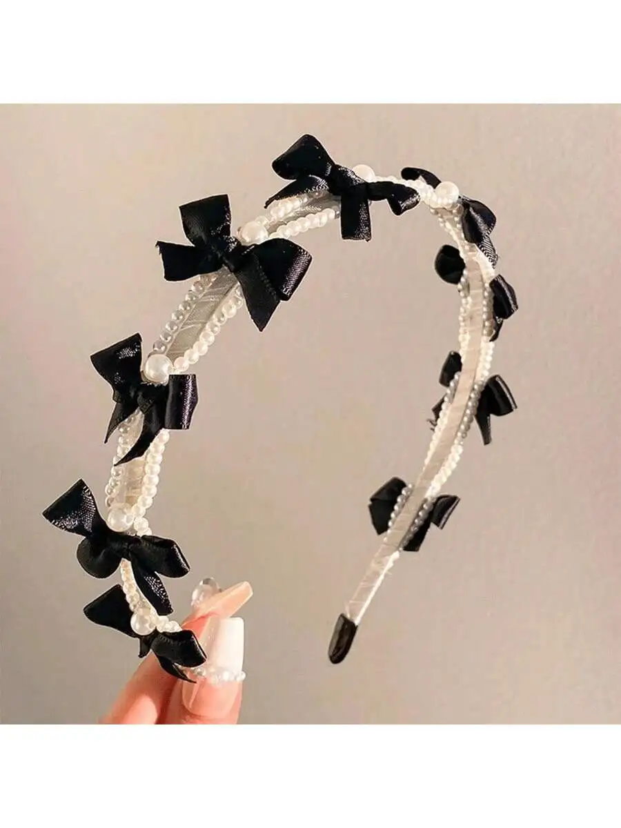 

1Pc Elegant Faux Pearl Bow Hair Hoop, French Style Black Bow Pearl Headband For Women Daily Wear Valentine's Day Gift