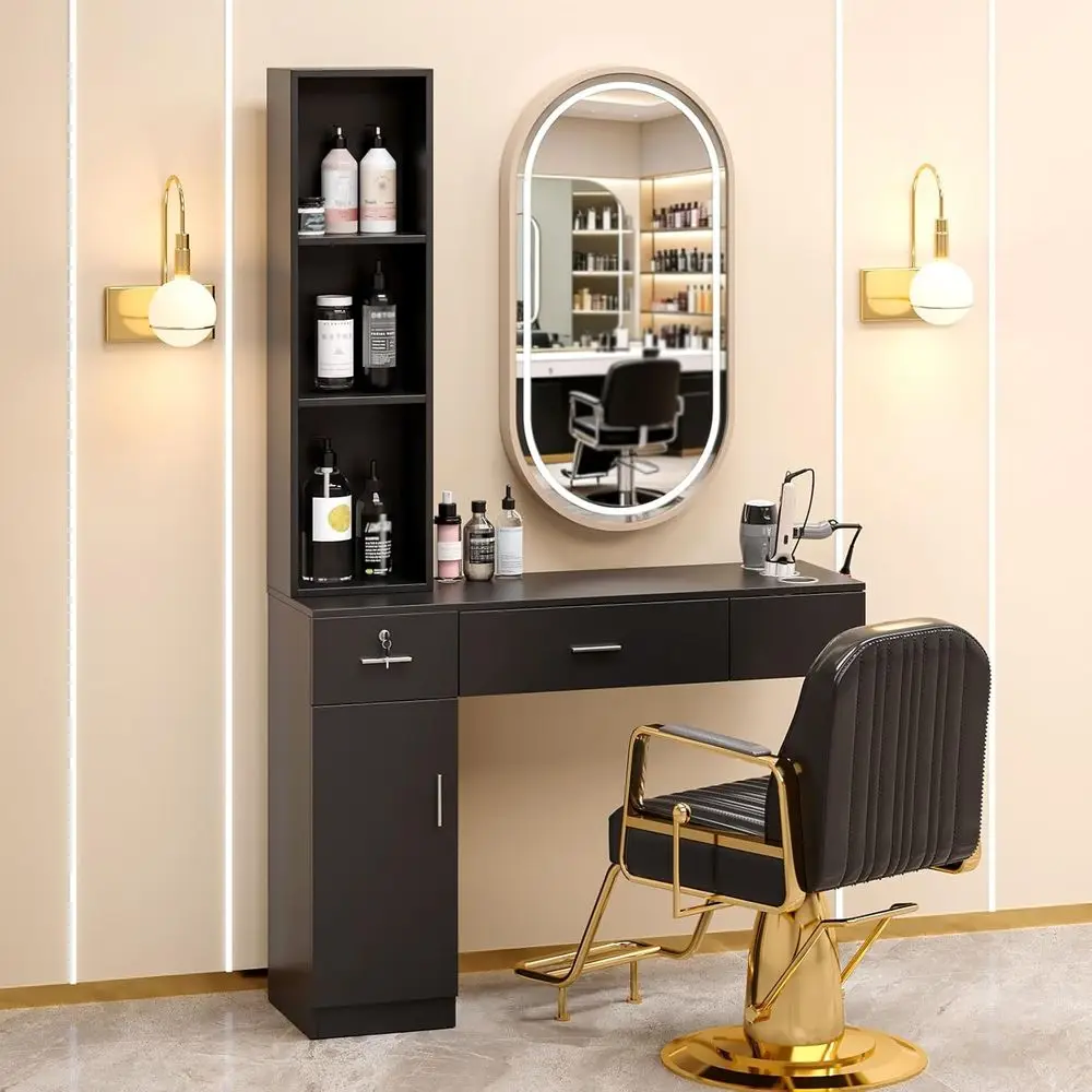 Wall Mount Barber Stations, Sn Stations or Hair Stylist, Hair Styling Equipement Set with a Storage Cabinet, 2 Ders and a 3 Tier