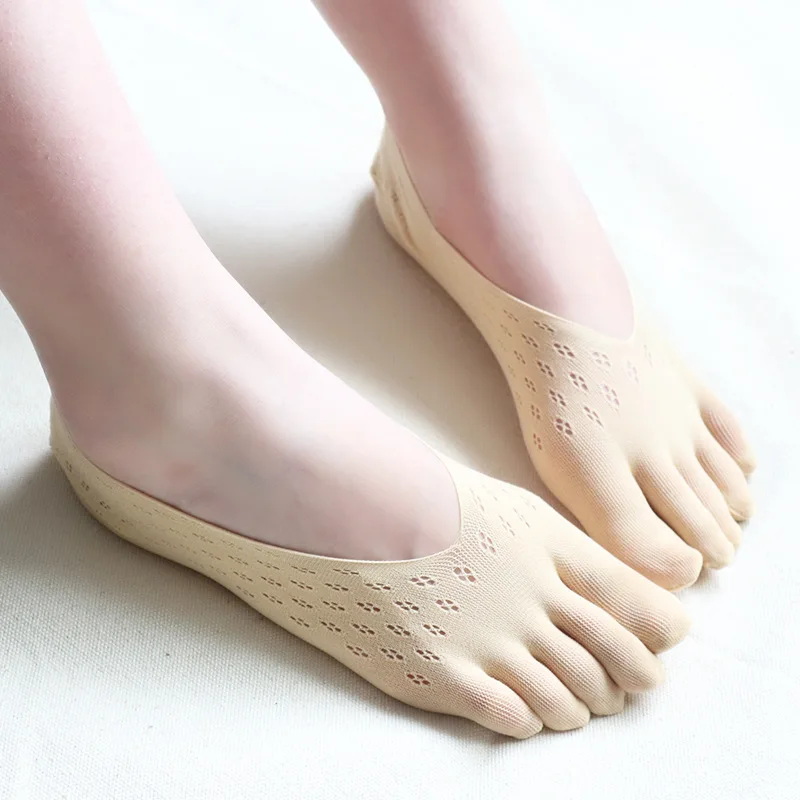 5 Pairs Summer 5 Finger No Show Socks Woman Nylon Solid Thin Mesh Breathable Shallow Mouth Deodorant Invisible Toes Silk Socks