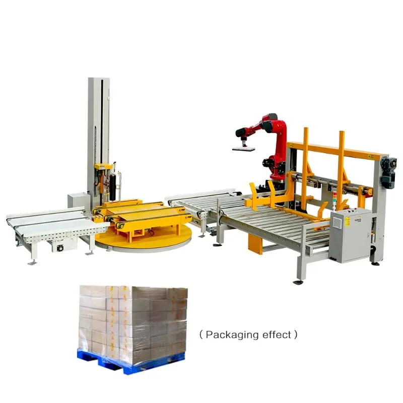 Full Automatic Palletizer Robotic Arm Carton Palletizing System Equipped With Rotary Wrapper Conveyor Line Customized