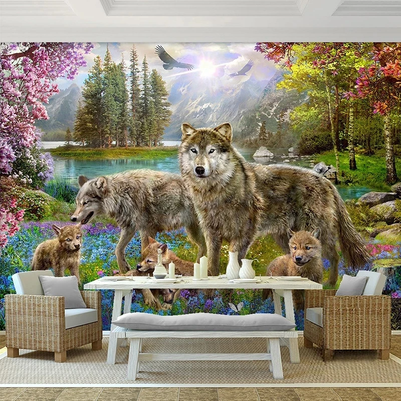 papel-de-parede-personalizado-3d-com-desenho-de-floresta-flor-de-pessego-vermelha-lobo-cinza-animal-sala-de-estar-sofa-tv-fundo-quarto-restaurante
