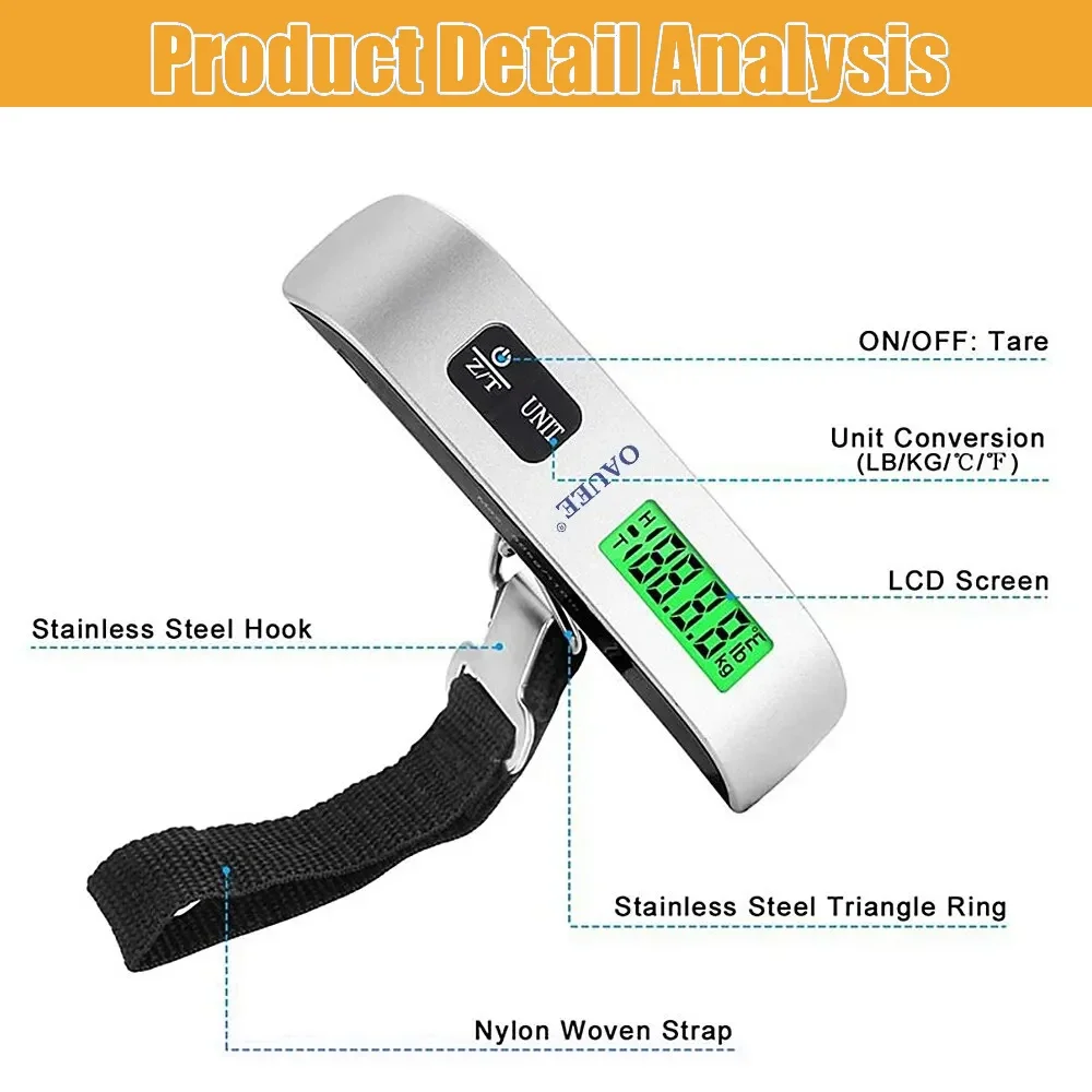 Digital Portable Suitcase Scale LCD Display Electronic Weighting Tool for Baggage Travel Weighs Bags up to 50kg/110lb - view 5