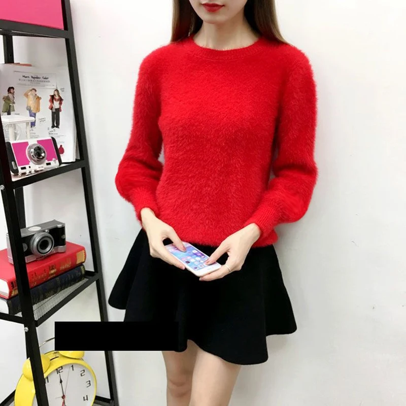 Jesień Zima Imitate Mink Wool Hot Flecing Sweet Y2K Korean O-neck Bishop Sleeve Sweater Women Knitted Tops Pullovers Solid