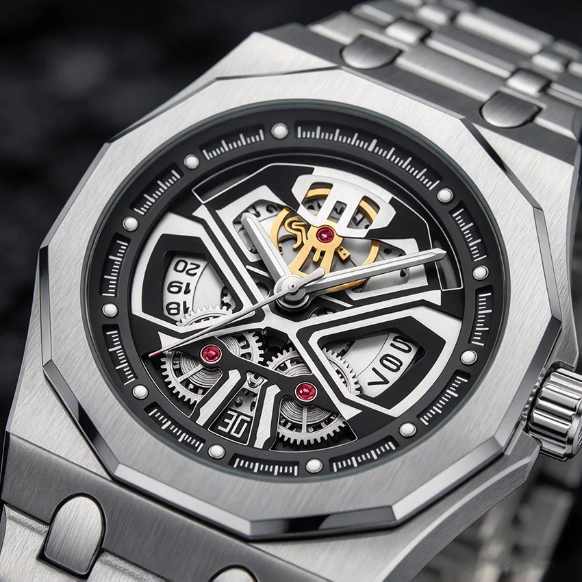 Fashion Skeleton Men Watch Hollow Dial Octagon Luxury Quartz Watch Stainless Steel Waterproof Reloj Relogio Masculino New