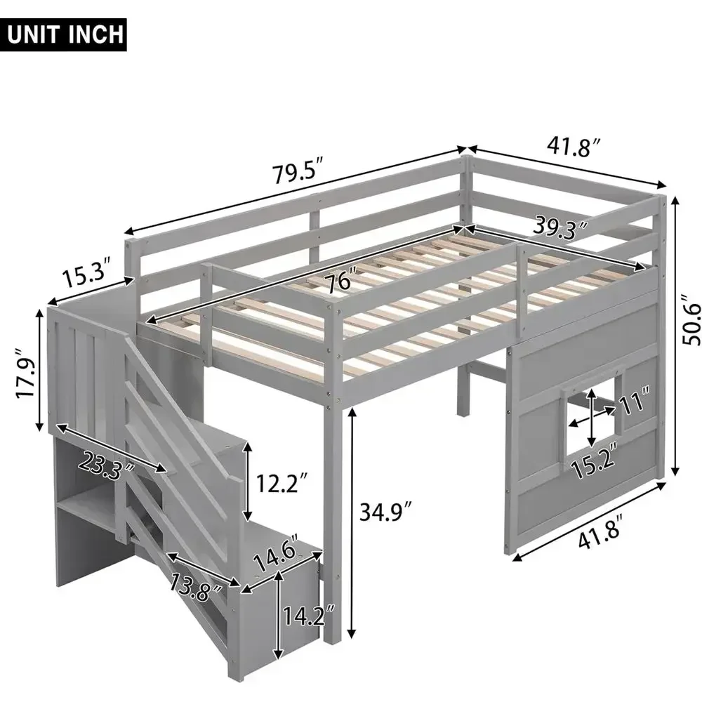 Twin Low Loft Bed with LED Lights and Stairs for Kids, Twin Loft Bed with Window and Playhouse Underneath in Grey