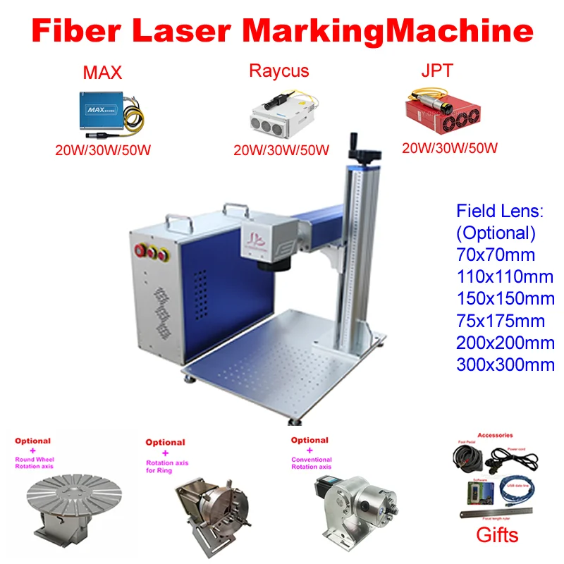 50W JPT Split type Fiber Laser Nameplate Marking Machine 20W 30W Raycus With Rotary Axis Engraving Stainless Steel