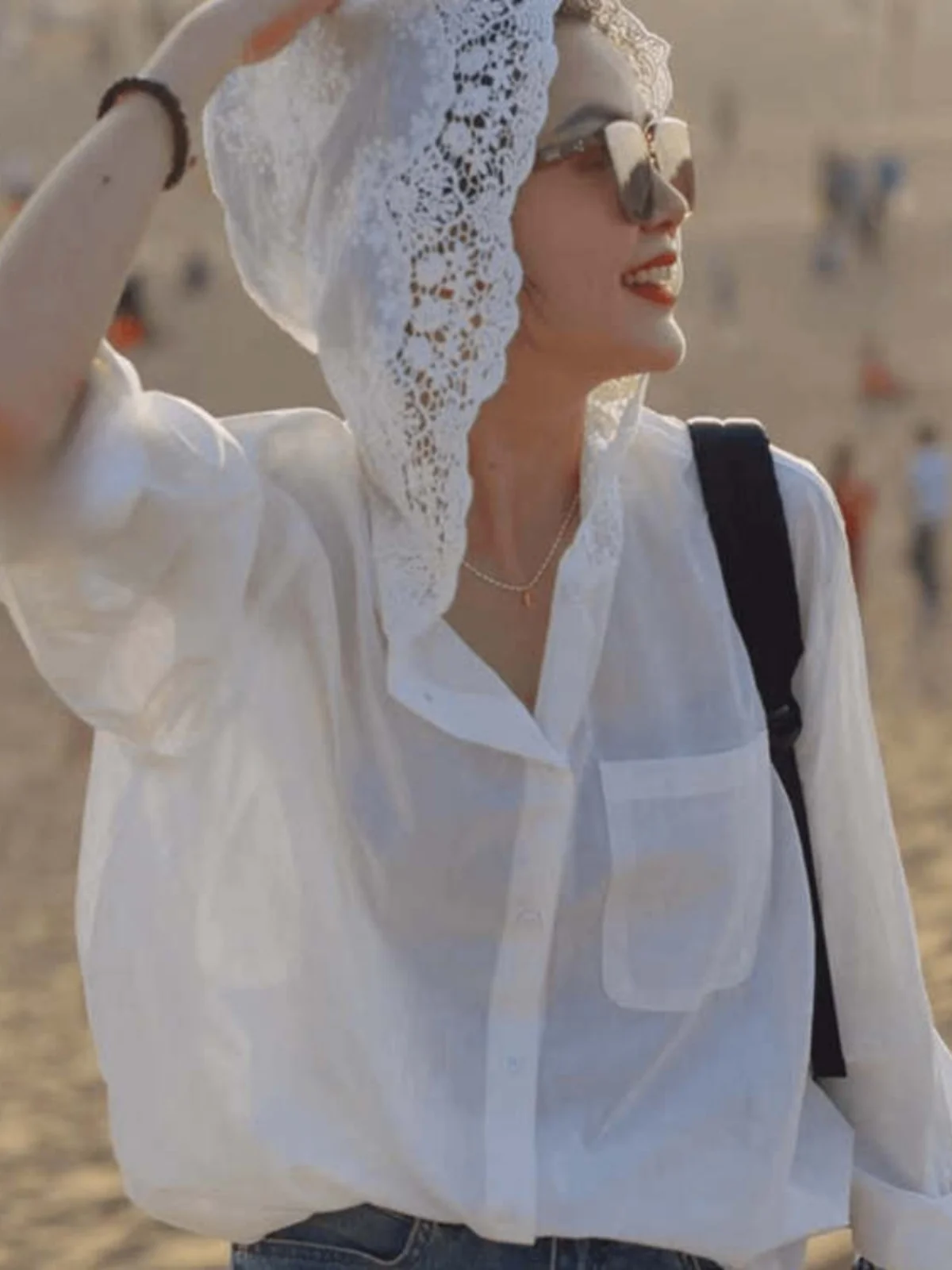 Lente witte capuchon irt dames retro kant ontwerp losse irt unieke super mooie top trendy Koreaanse Sle Long Sve