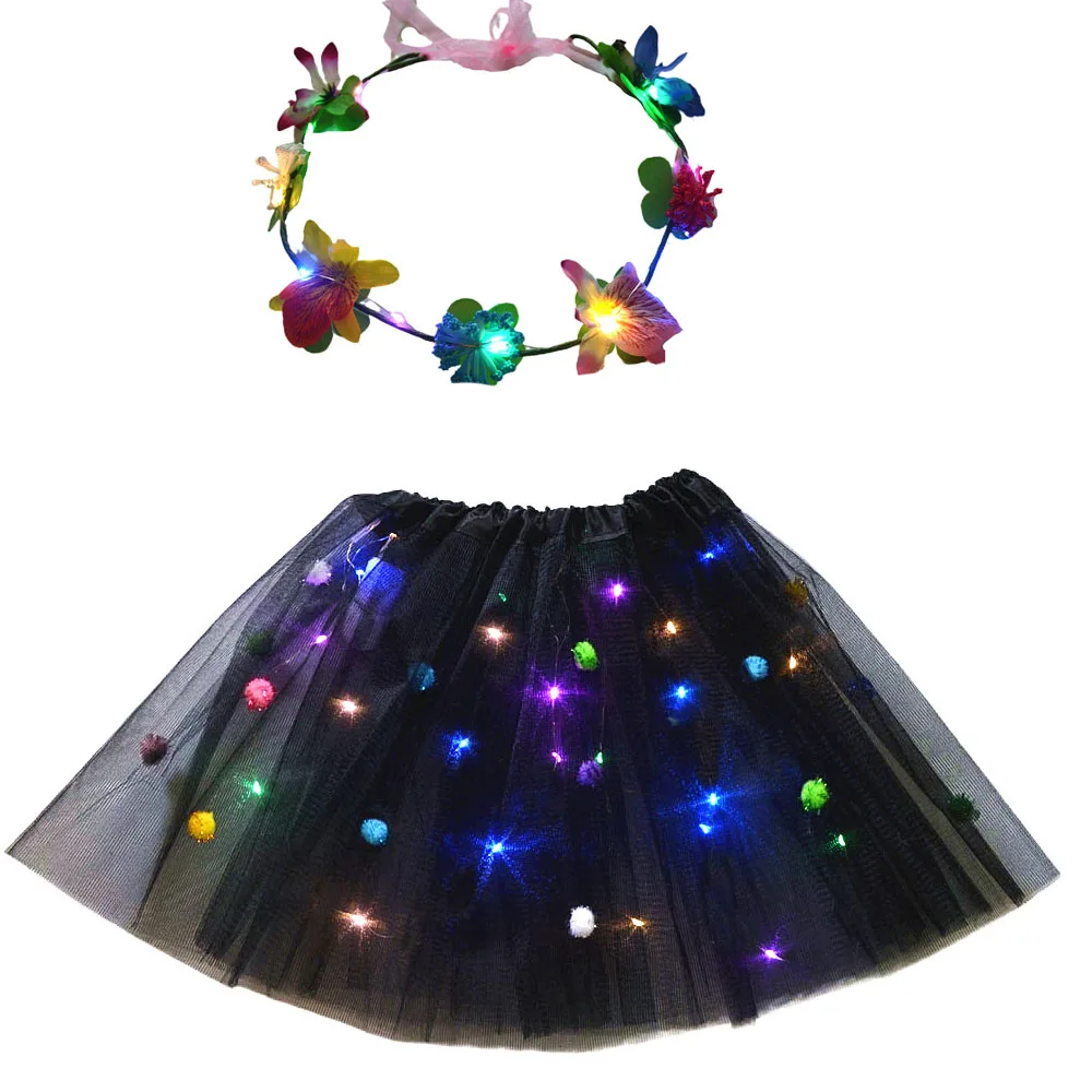 LED Light Up Pompon Ball Tutu Skirt Blinking Wreath Girl Neon Glow Hawaii Party  Birthday Gift  Festival Christmas Decoration