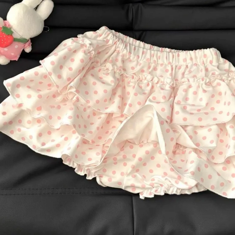 Sweet Pink Polka Dot Ruffle Cake Skirt Women Japanese Cute Elastic Waist Fluffy A-line Mini Skirts Y2k Aesthetic Faldas