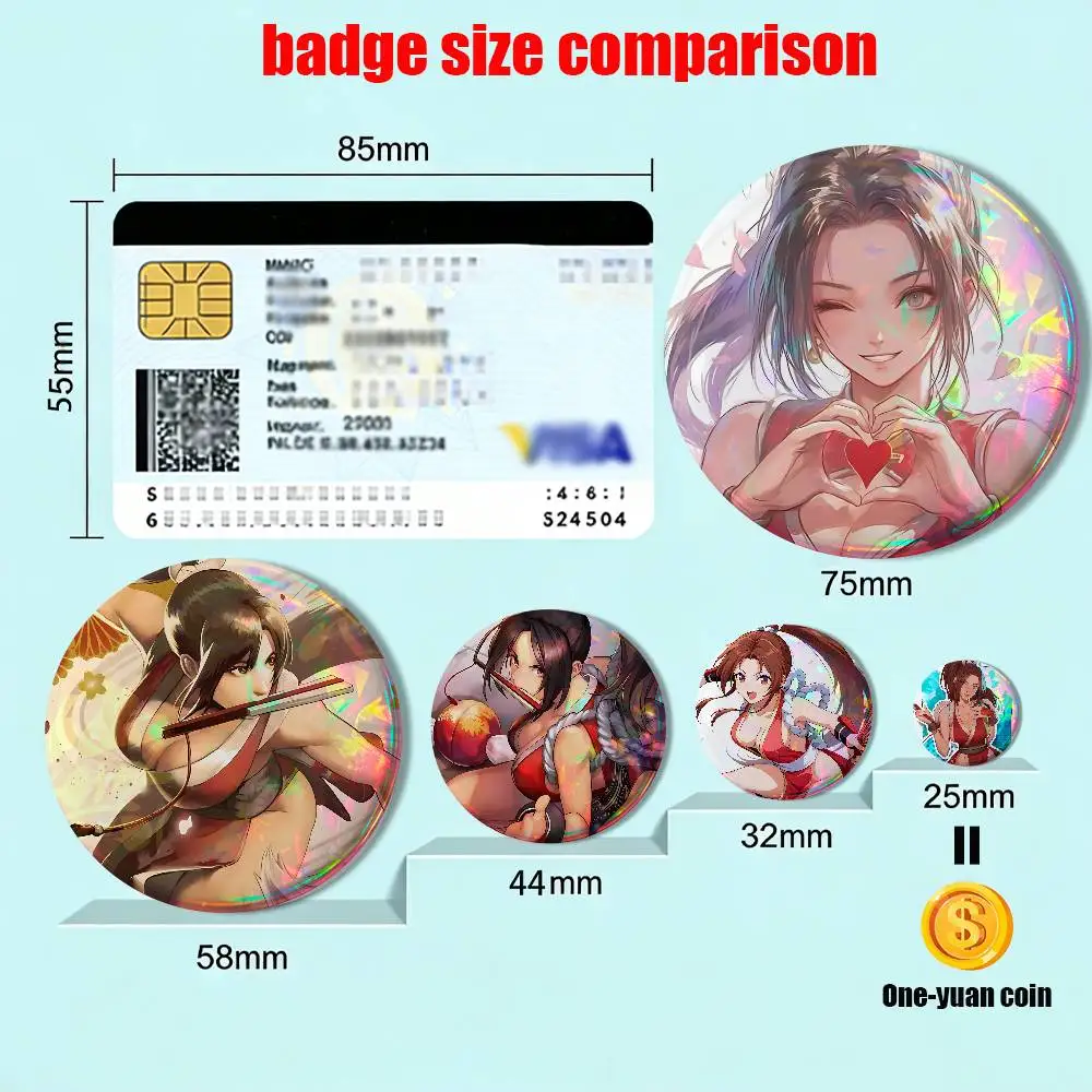 Mai Shiranui Iori Yagami KOF 58mm 44mm Round Pins Creativity Printed Pictures Text Metal Lapel Badges Brooches Jewelry