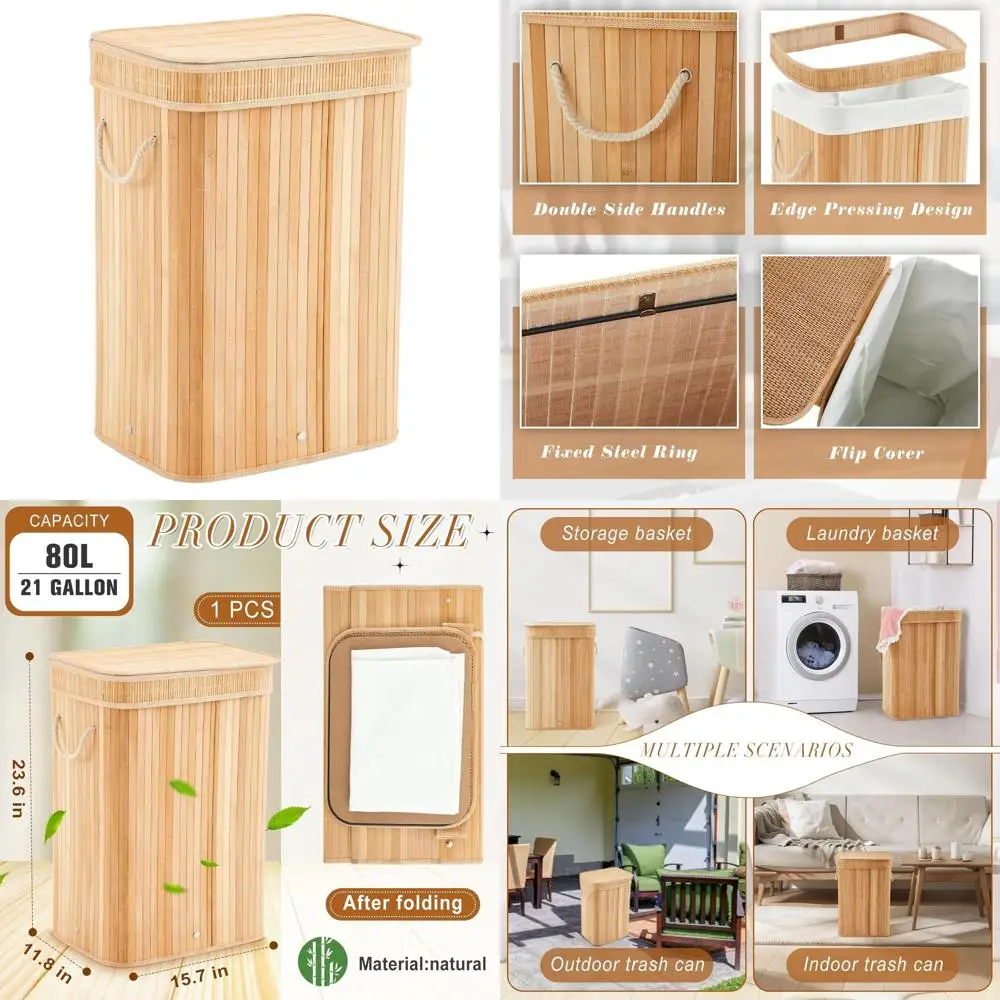 

21 Gallon Bamboo Slim Trash Bin with Lid - Foldable Rectangular Wastebasket for Home, Office, and Spa (Wood Tone)