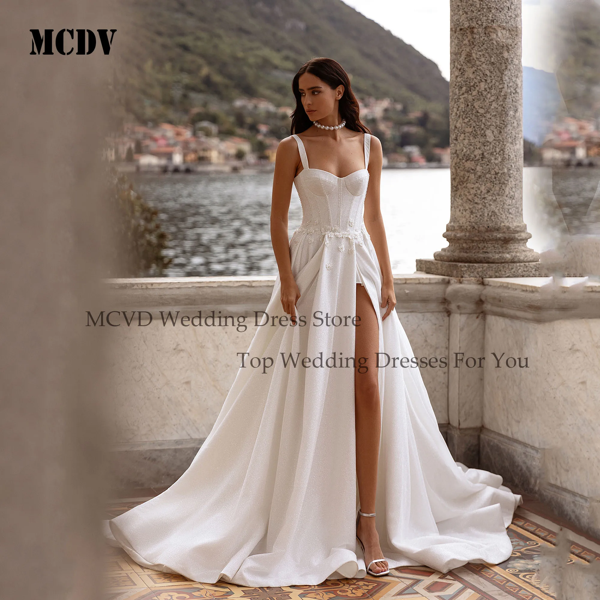 

MCDV Sparkling A-Line Wedding Dress 2025 Bride Spaghetti Straps Flowers Beading Glitter vestidos de novia Customized Bride Gowns