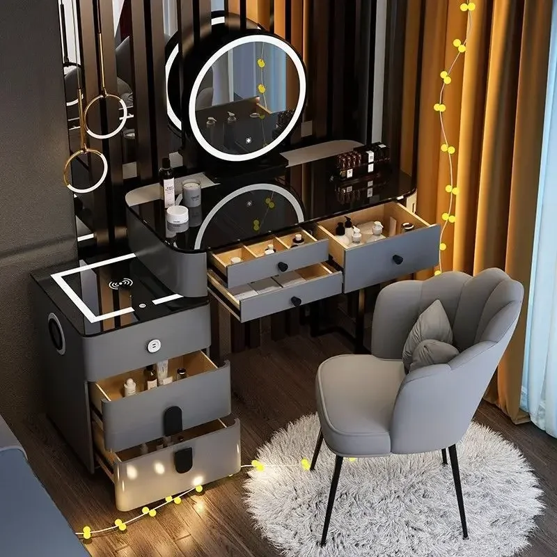 Luxury Dressing Table with Smart Wireless Charging Nordic Vanity Bedroom Multifunctional Makeup Table with Sound Bear Led Mirror