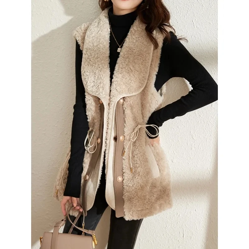 Lamb Wool Vest Jacket Women Autumn Winter Solid Color Thick Sleeveless Coat Chaleco Mujer Fashion Drawstring Female Waistcoat