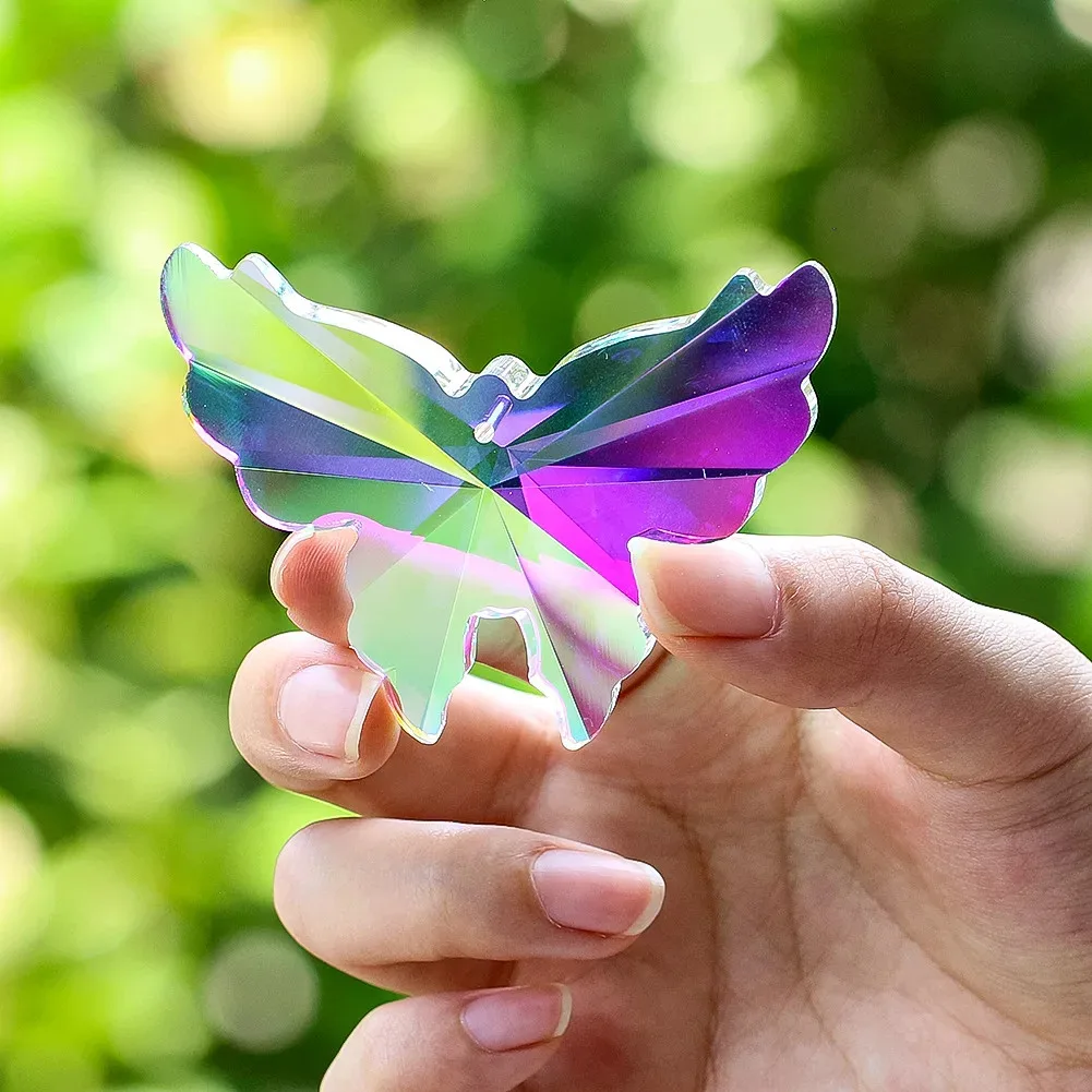 6cm AB Colour Crystal Prism Butterfly Shape Pendant Single-hole Design Sunlight Collector Rainbow Making Garden Hanging Ornament