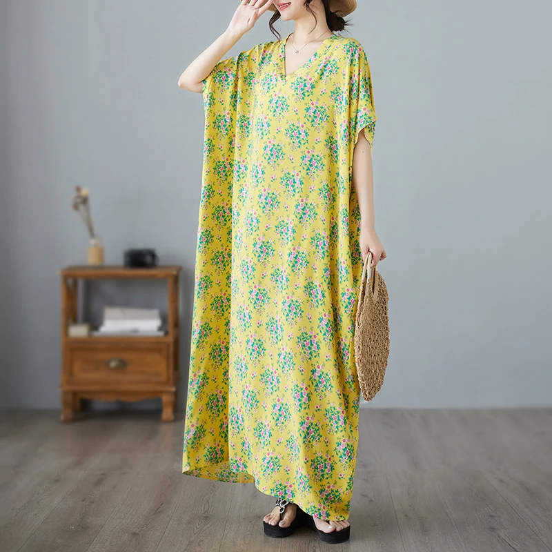 2024 New Summer KPOP Fashion Style Vestidos Chic Gentle Women Sweat Short-sleeved Long Skirt O Neck Yellow Print Women