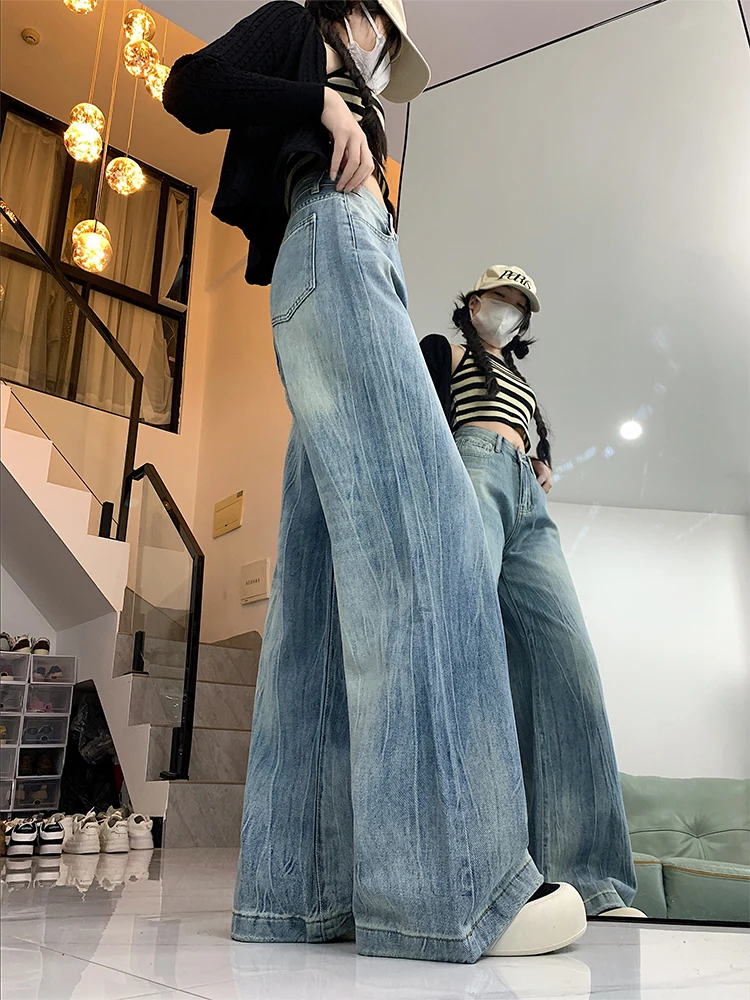 กางเกงยีนส์ทรงขากว้างสไตล์อเมริกันย้อนยุค เอวสูง ทรงหลวม สำหรับผู้หญิง ฤดูใบไม้ร่วง ฤดูหนาว รุ่นใหม่ ทรงหลวม ทรงตรง
