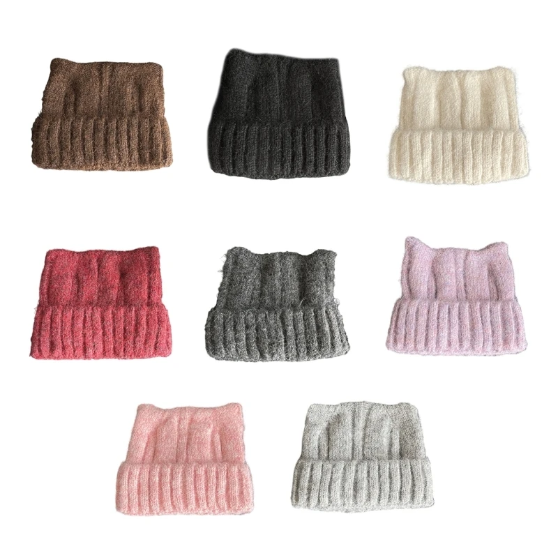 

Popular Skull Hat with Cats Ear Soft Crochet Pullover Hat Cold Weather Thick Warm Hat Windproof Brimless Caps for Dropship