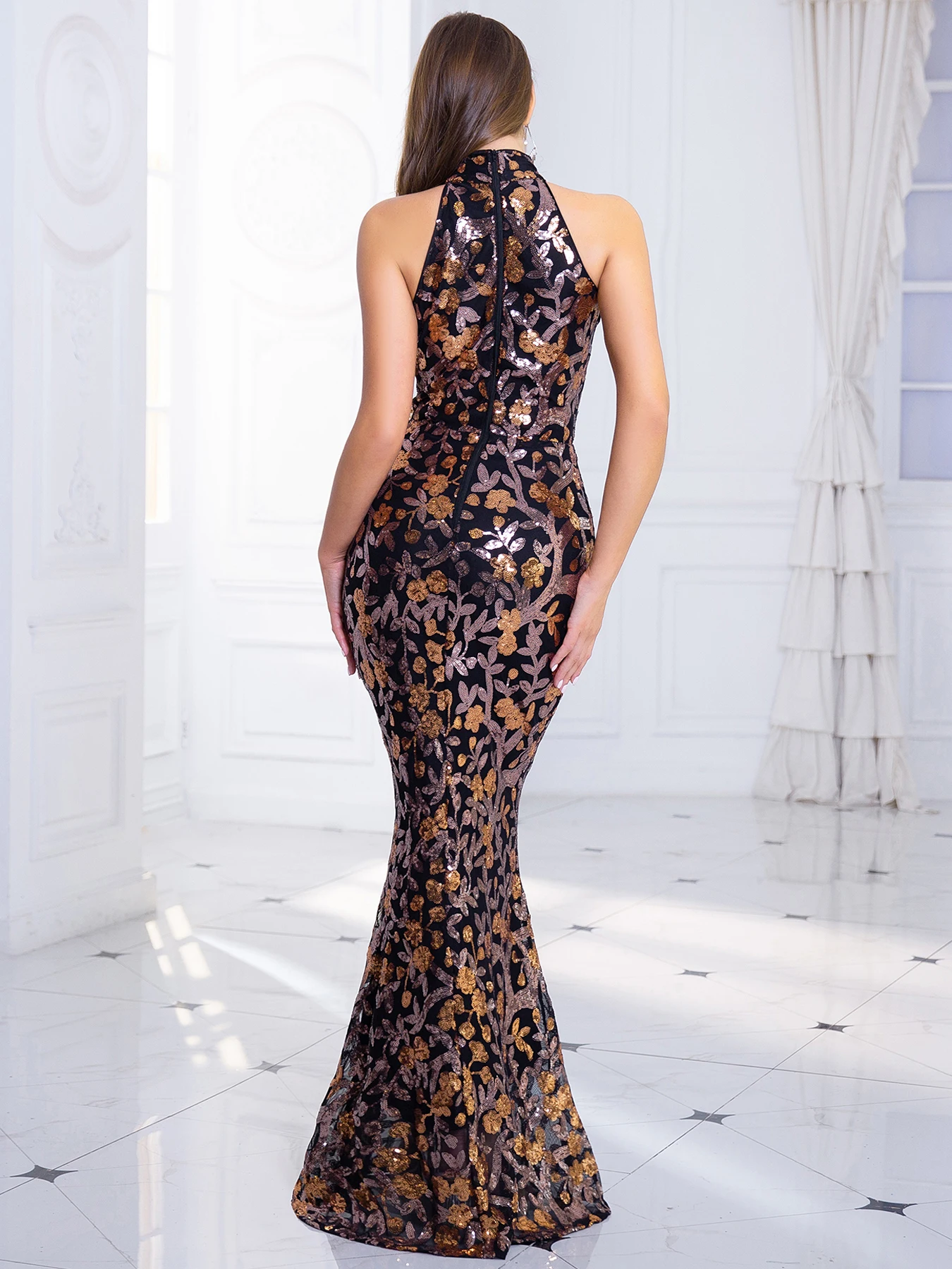 Gold High Neck Sleeveless Evening Party Dress Off Shoulder Bodycon Cocktail Prom Elegant Celebrity Gown Luxury Sequin Flower New