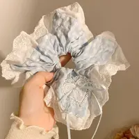 Ladies Hair Tie Blue Plaid Bow Lace Square Scarf Headband Korean Women's Oversized Hair Accessories Sweet Style Cute Scrunchies - Image 4