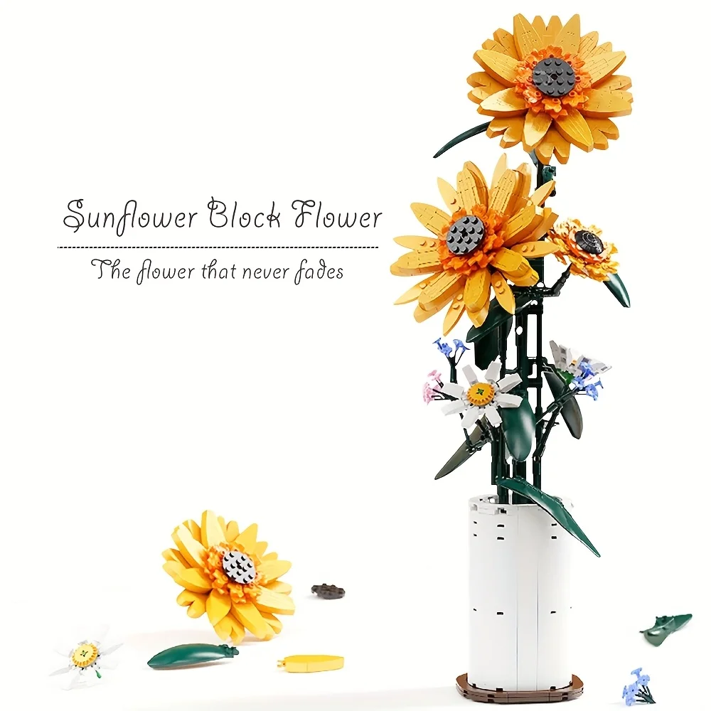 مجموعة مكعبات بناء عباد الشمس مع مزهرية، إضافة لونًا إلى منزلك، هدية عيد ميلاد، هدية العيد