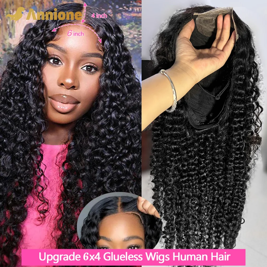 Annione 6x4 Glueless Wig Human Hair Ready To Wear 26 inch Deep Curly Wigs 6x4 Transparent Lace Closure Glueless Wigs Human Hair