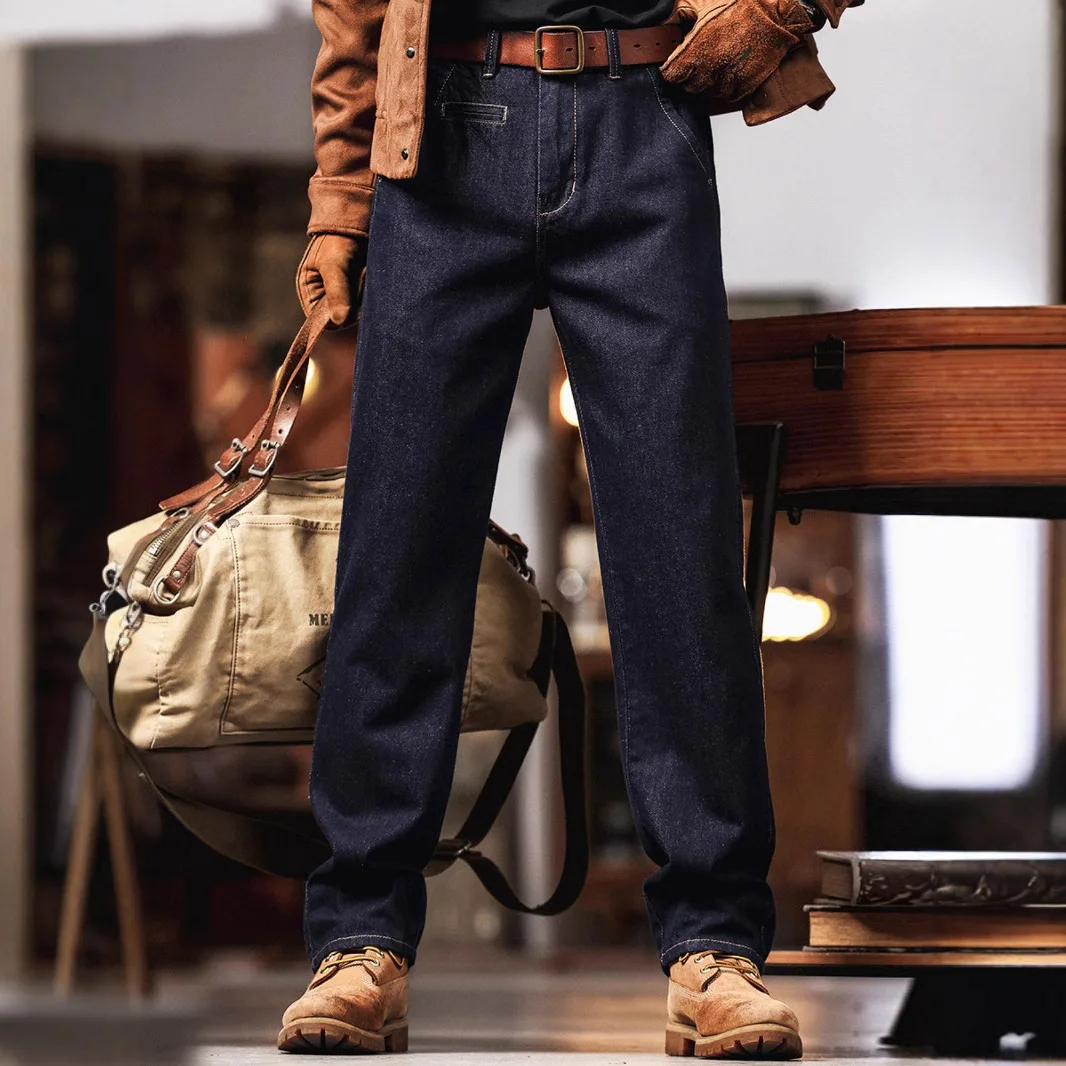 American Style New Fashion Men Dark Blue Solid Color Straight Loose Simple Basic Casual Daily Jeans Trousers Male Denim Pants