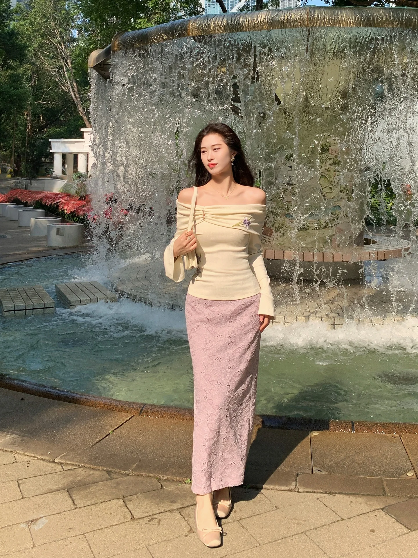 Falda Larga de Encaje con Bordado de Cintura Alta Lingan Zhihe, Color Rosa, para Mujer, Estilo Francés, Elegante, para Principios de Primavera