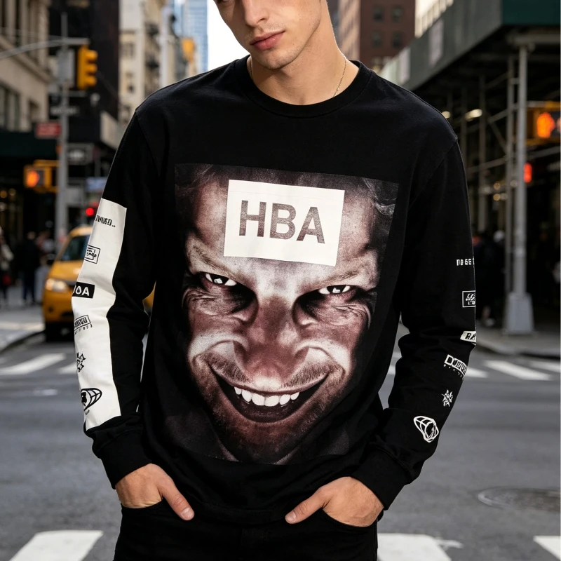 Unisex HBA Joker Face Long Sleeve T-shirt Hood By Air Contrast Splice Sleeve Logo Print Y2K Dark Street Casual Oversized Top