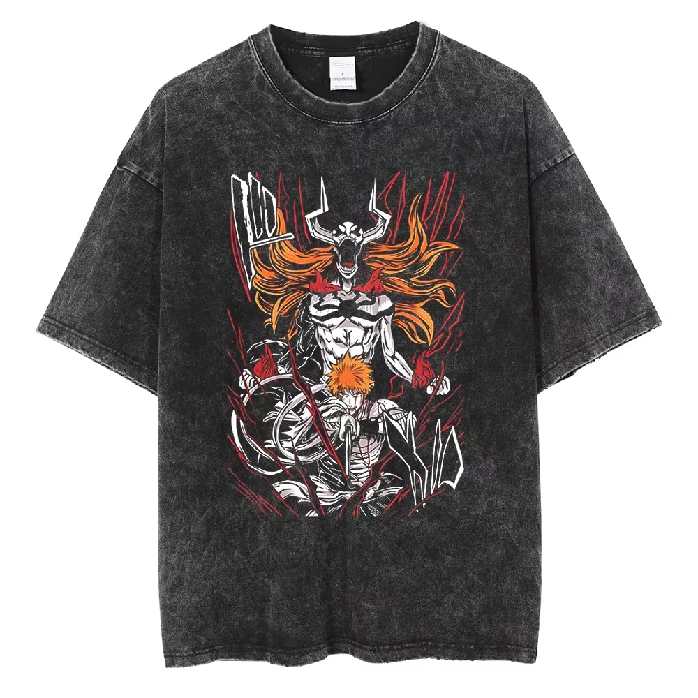Bleach Zaraki Kenpachi Anime T-shirt Men Women Cotton Graphic Print Short Sleeve Vintage Washed Otaku Streetwear Top Hot Sale