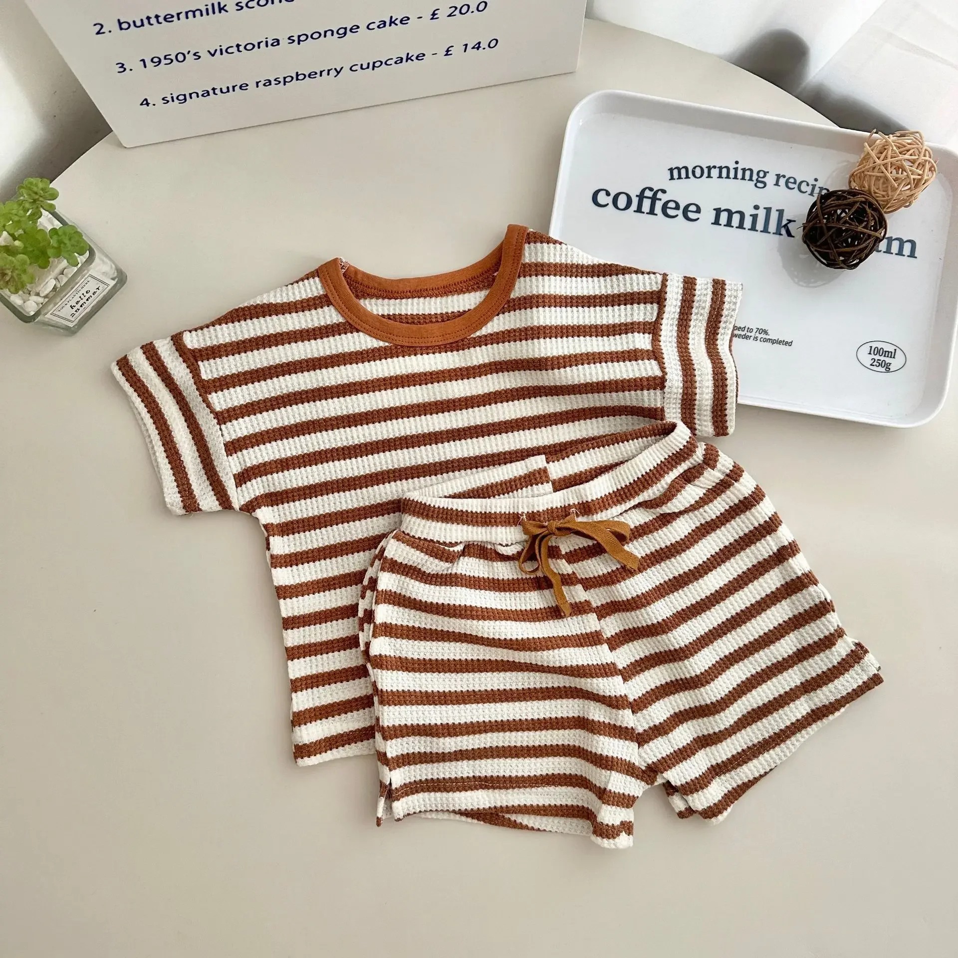 2024 Summer New Baby Short Sleeve Clothes Set Toddler Girl Casual T Shirts + Shorts 2pcs Suit Kids Boys Waffle Striped Outfits