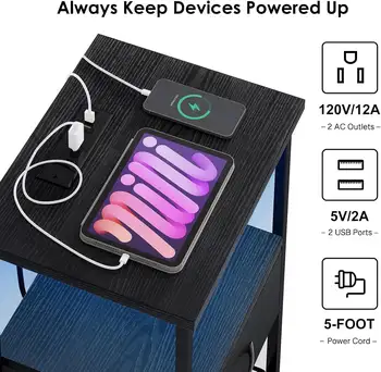 Juego de 2 mesitas de noche con base de carga, mesita de noche LED con cajones de tela, mesa auxiliar con acabado de PU, mesita de noche, color negro 10 best sales Juego de 2 mesitas de noche - №3