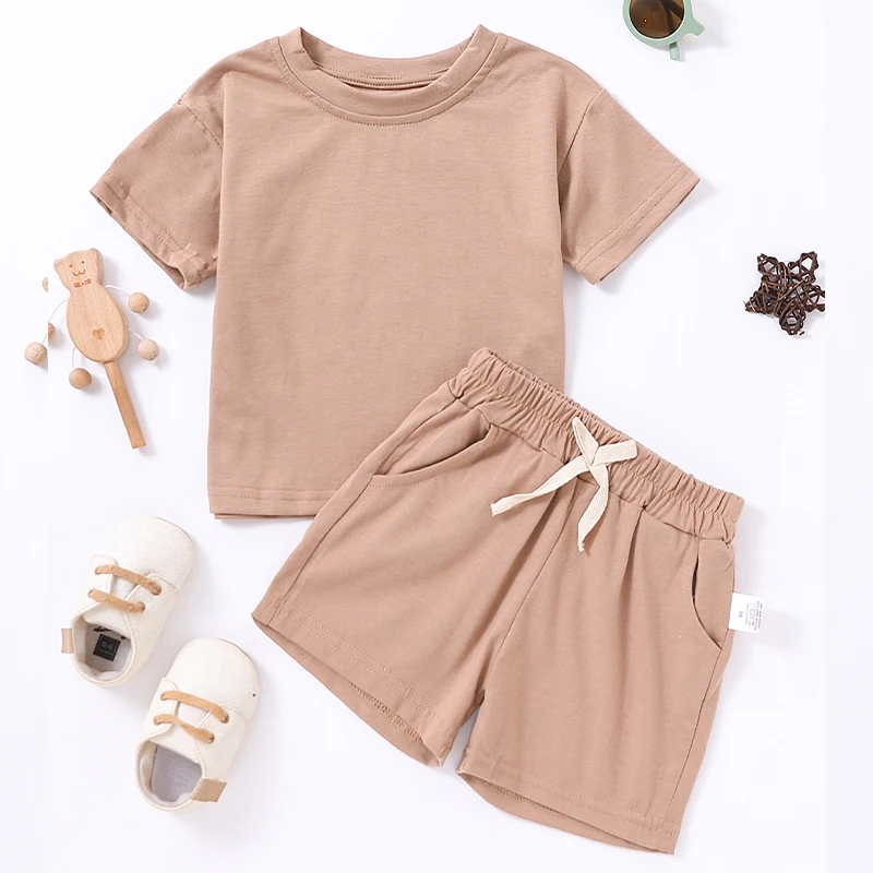 2023 Kids Solid Clothes Sets Summer Casual Short Sleeve + Elastic Waist Shorts Suits Toddler Sets for Girls Boys