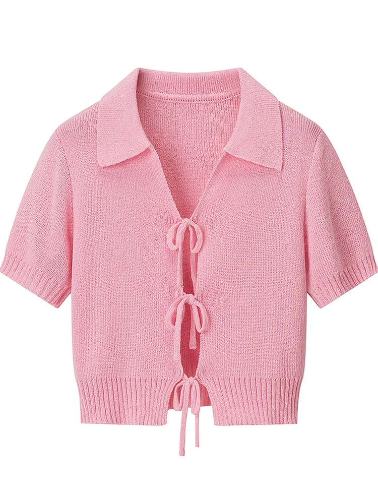 

Sweet Knot Decorated Knitted ort Sve round Ne Top Women's Faion Commute Sle Slim Fit Polyester Fiber