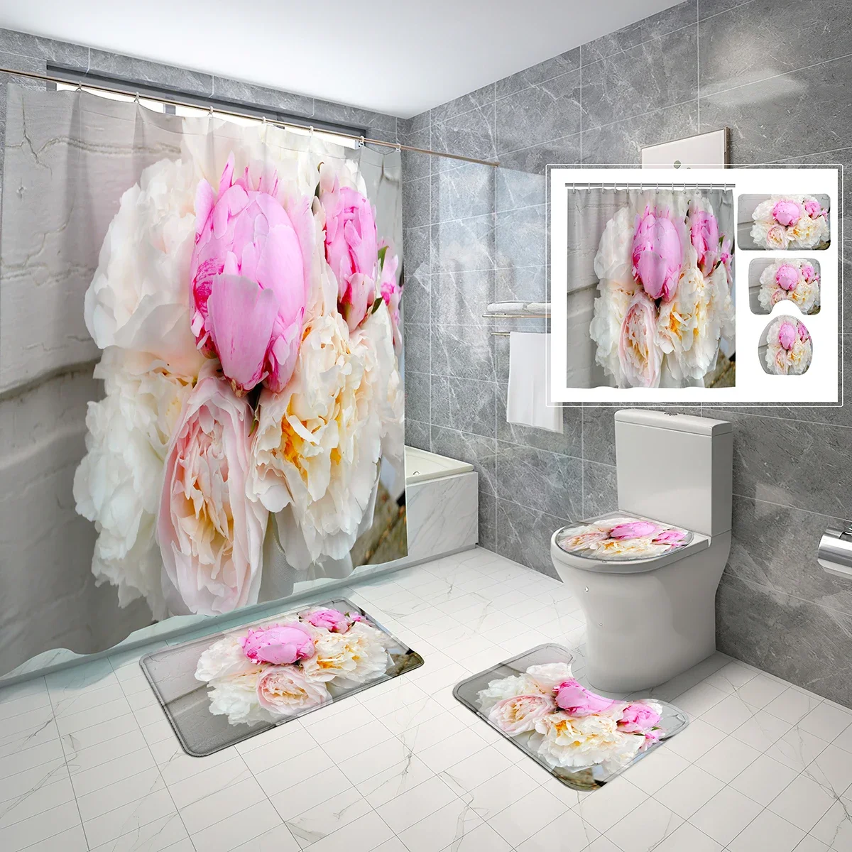 4 Pcs Peony Shower Curtain Sets with Toilet Lid Cover and Non-slip Bath Mat Stunning White Pink Waterproof Shower Curtain Set