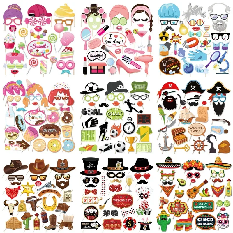 

25pcs/Set Cartoon Party Photobooth Props - Wild West, Jungle, Rainbow & Pirate Themes | Vibrant Designs for Birthday, Baby Showe