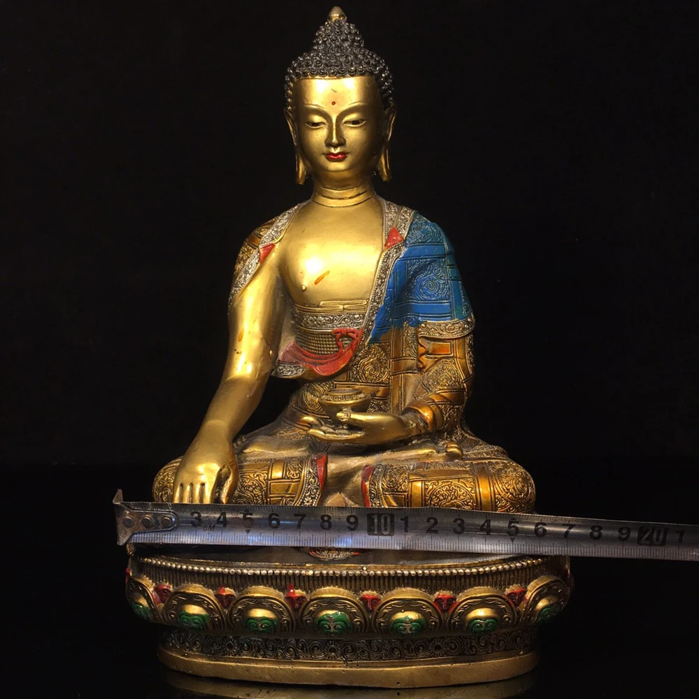 Antique Old Bronze Painted Shakyamuni Buddha Statue Serene Face Heavy Patina Fine Craftsmanship Home Decor