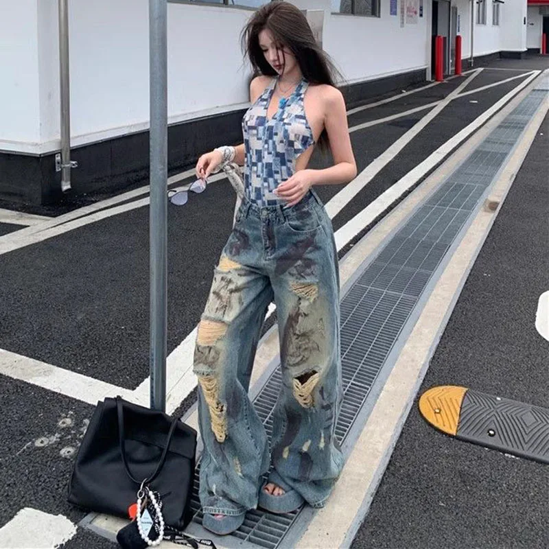 Vintage Y2K Ripped Jeans for Women American Streetwear Baggy Grunge Wide Leg Trousers Female Hot-Girl High Waisted Denim Pants