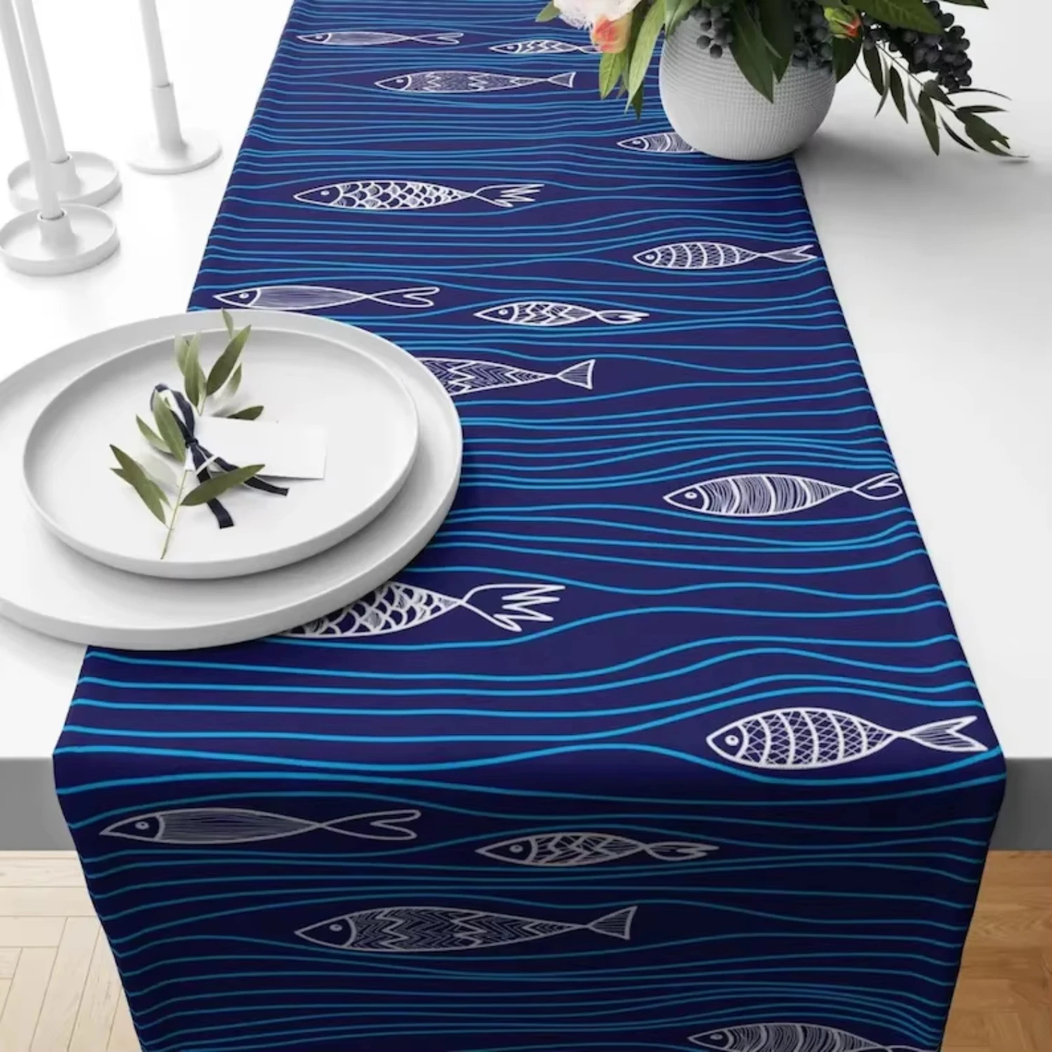 1pc Ocean Fish Print Table Runner For Dining Kitchen Seaside Party Banquet Household Table Home Daily Decoration