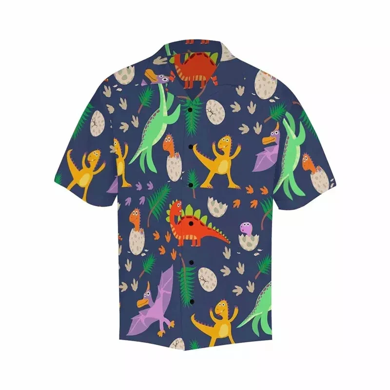 New Cartoon Style Hawaiian Shirts Short Sleeve 3D Print Anime Dinosaur Oversized Shirt For Men Clothing Y2k Tops Harajuku Blouse