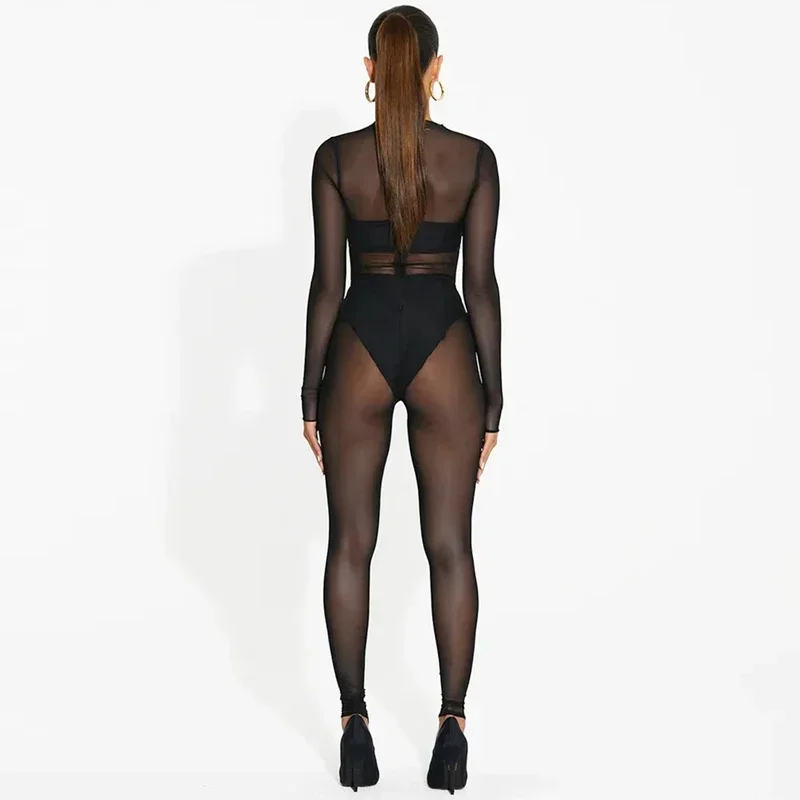 Sexy Transparent Mesh Jumpsuit For Women O-Neck Long Sleeve Bodycon Jumpsuit See Through Bodysuit Nightclub