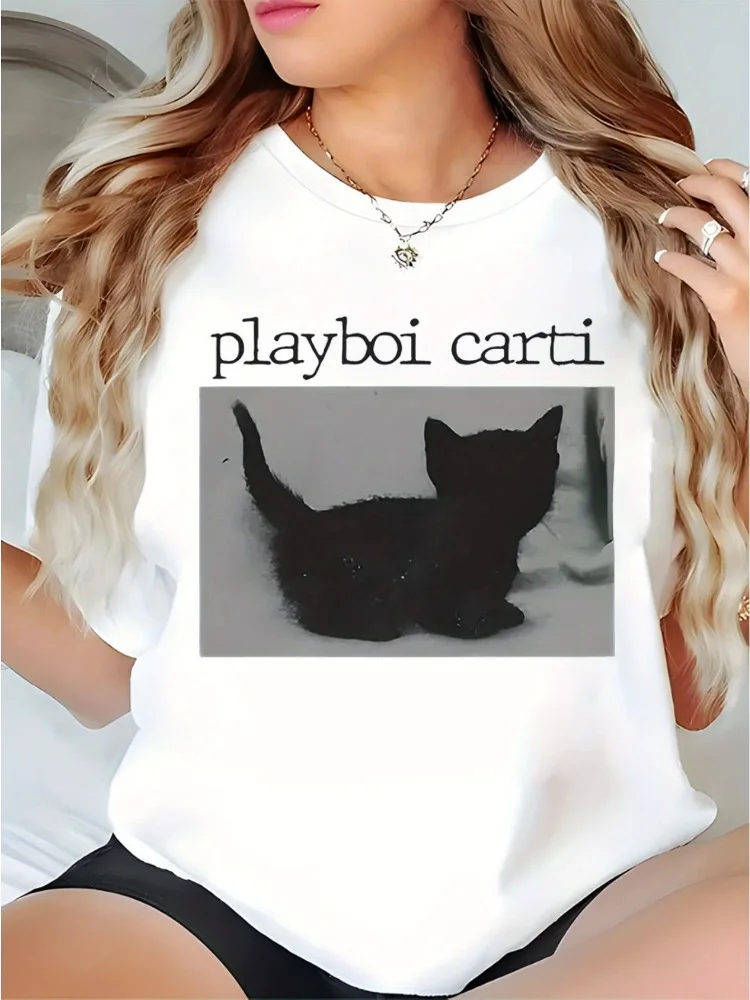 Damen-T-Shirt mit Y2K-Retro-Print, süßer schwarzer Katzen-Print, atmungsaktiv, Alltags-Top, Street-Style, Baumwolle, kurzärmelig, verspieltes Design