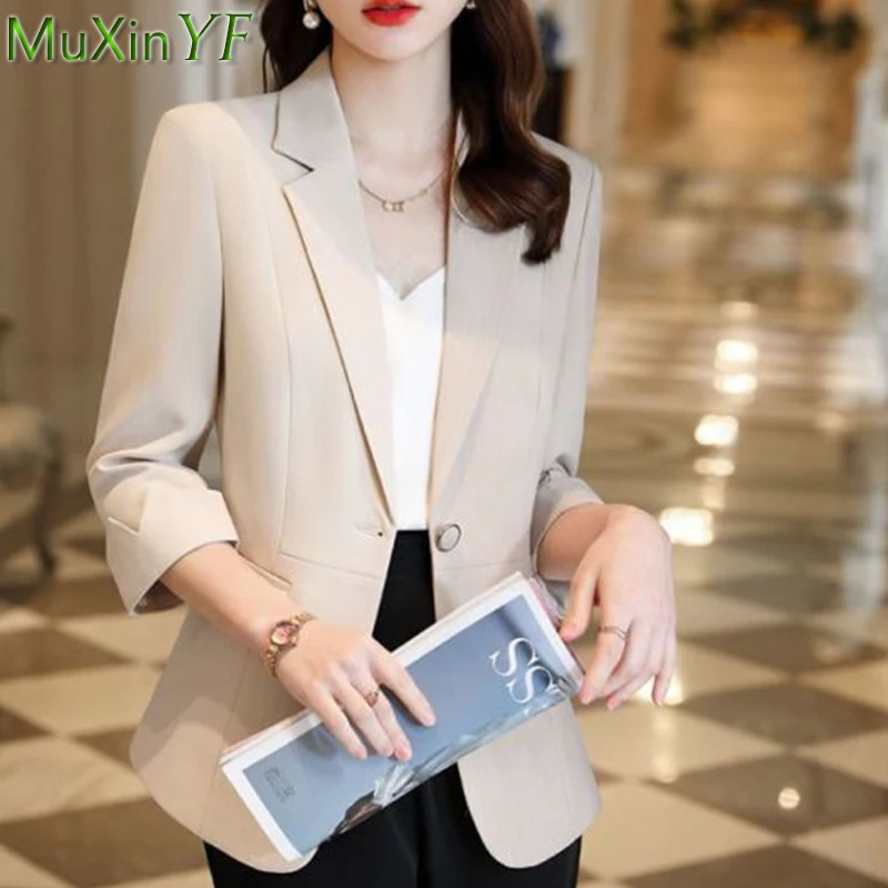 

2022 Early Autumn New Women's Blazers Korean Office Lady Graceful Slim Solid Three Quarter Suit Jacket Daily Joker Coats Female