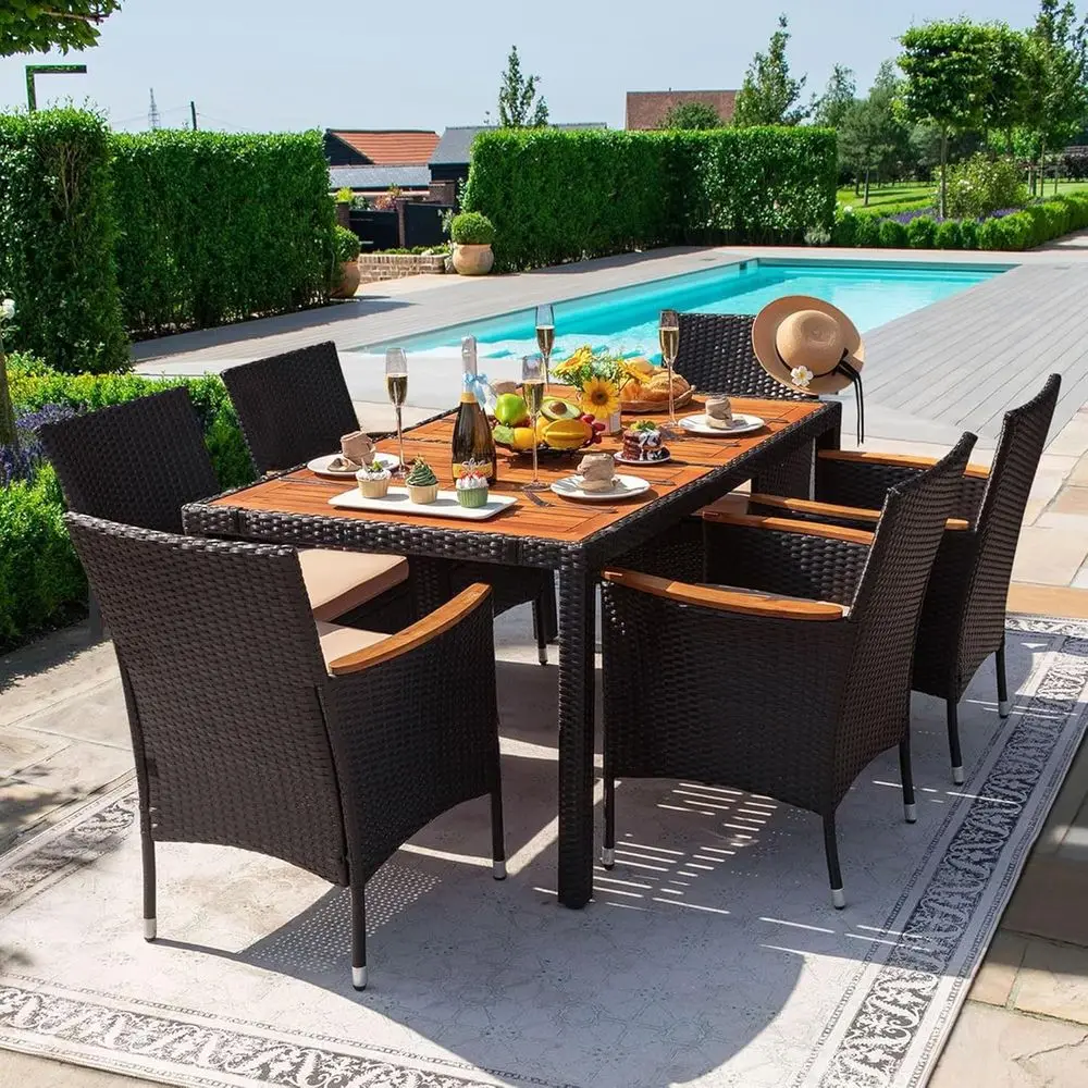 

7-Piece Patio Furniture Set: Acacia Wood Outdoor Dining with Beige Cushions and Black Rattan
