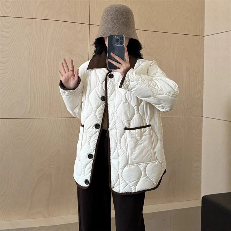 秋冬ショート丈ダウンコットンジャケット レディース 2025新作 配色ラペル 軽量 ゆったり コットン服 女性用アウター