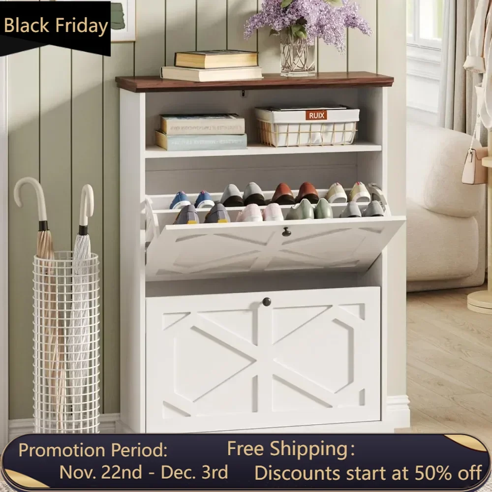 

Modern independent narrow shoe rack cabinet with 2 flip drawers and open shelves for entrance, antique white color