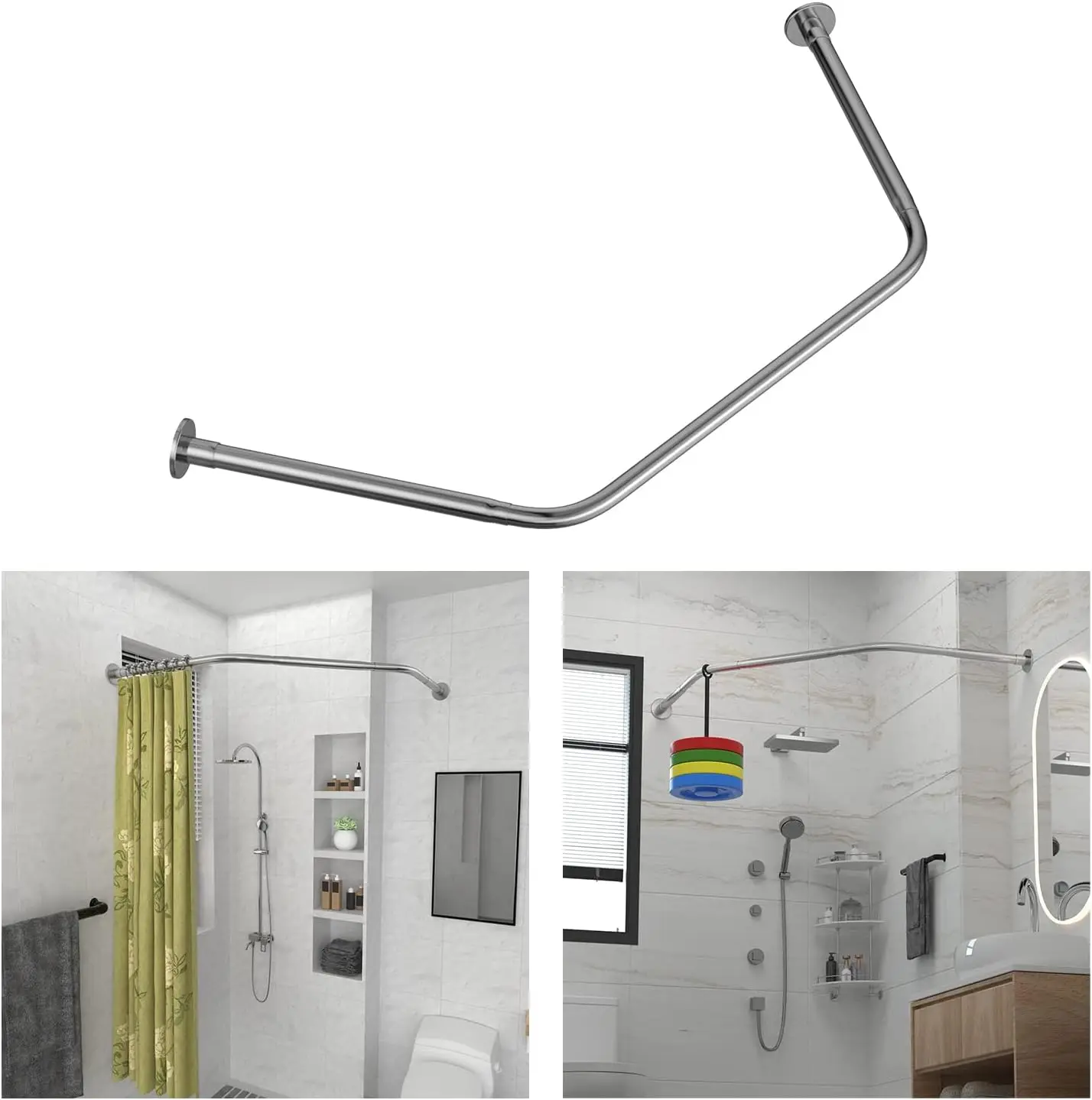 

Corner Shower Curtain Rod Adjustable Stainless Steel Diamond Shaped Rack Drill Free Install for Bathroom, Bathtub, Clothing S