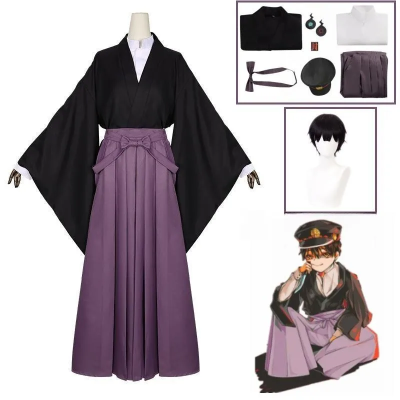 Anime Jibaku Shounen Hanako Kun Yugi Amane Cosplay Fantasias, WC vinculado Hanako Kun Manto, Preto Conjunto Completo Uniforme, Peruca e Chapéu