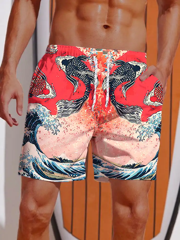 3D Printed Ukiyo-E Giant Fierce Shark And Cruise Ship Printing Shorts Men\'s Board Shorts Swim Trunks Drawstring Breathable Short